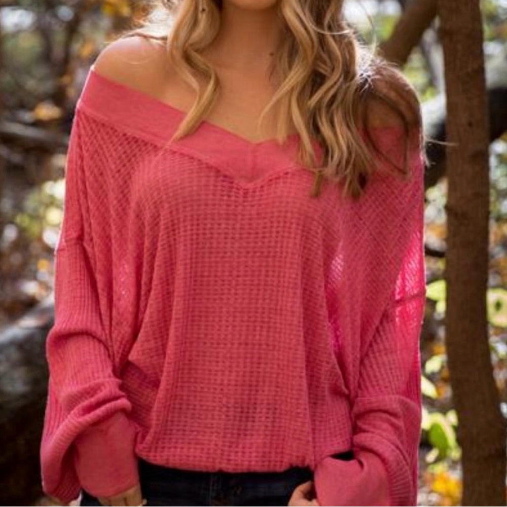 Anthropologie Free People Pink Thermal Weave Oversized Dolman Sleeve Top EUC!